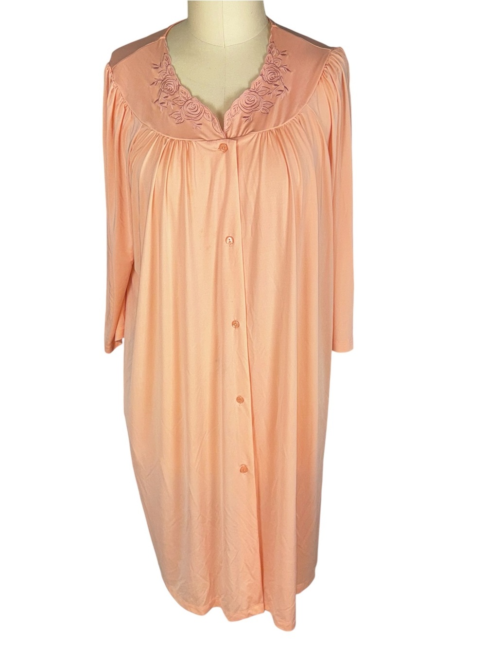 BonWorth Vintage Style Peach Pink Housecoat Duster Robe Button Front Nightgown L